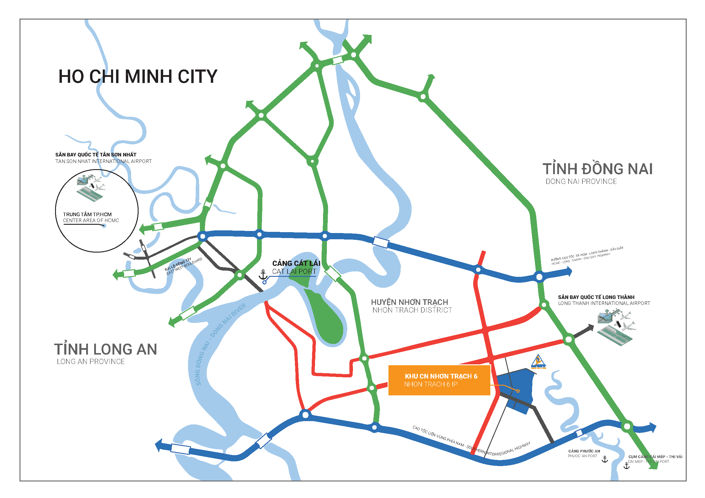 Bản đồ kết nối vùng của Khu công nghiệp Nhơn Trạch 6: cao tốc TP.HCM – Long Thành – Dầu Giây, cao tốc Liên Vùng Phía Nam, sân bay quốc tế Long Thành, cảng Phước An, cảng Cát Lái và cụm cảng Cái Mép – Thị Vải